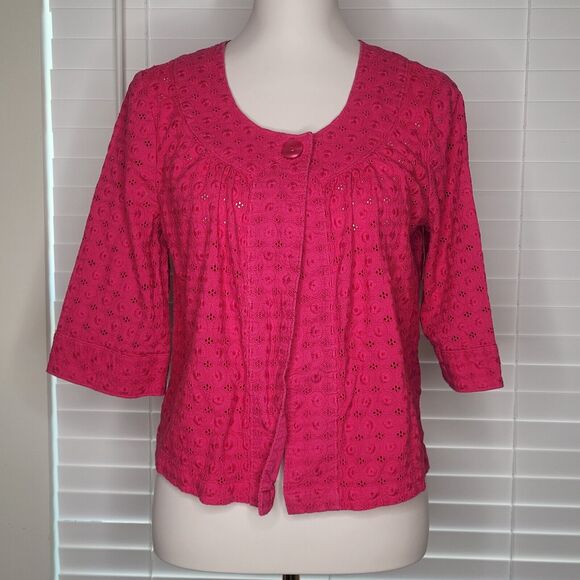 Kim Rogers Pink Eyelet Barbiecore Short Sleeve Bolero Shrug Cardigan Top Small - Picture 1 of 6